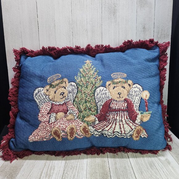 Rectangular Angel Bears & Christmas Tree Design Pillow 10 x 12 Decorative - Picture 1 of 7